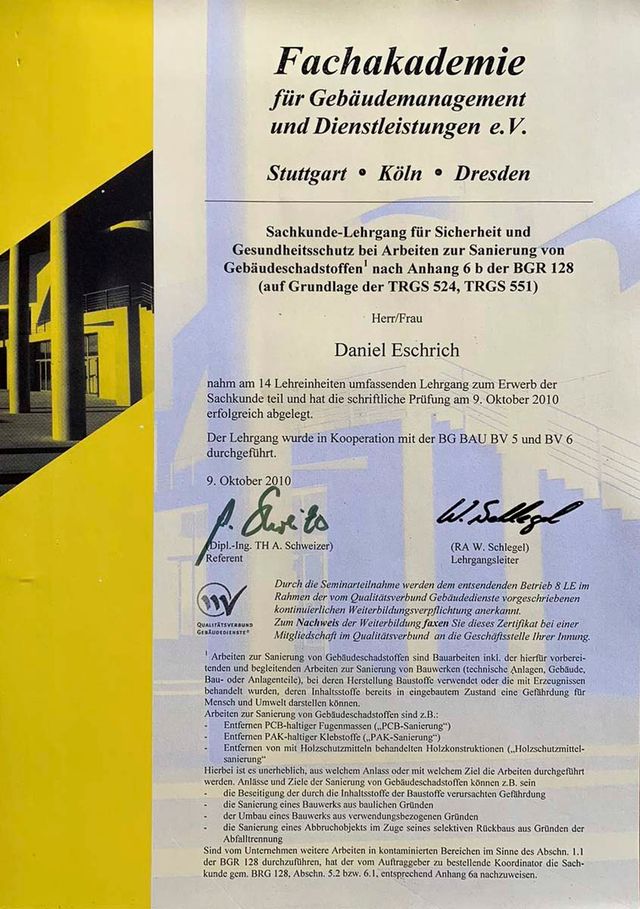 Zertifikate von S•D•E Daniel Eschrich in Gräfenroda - Sachverständiger für Gebäudeschadstoffe
