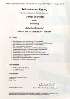Zertifikate von S•D•E Daniel Eschrich in Gräfenroda - Sachverständiger für Gebäudeschadstoffe