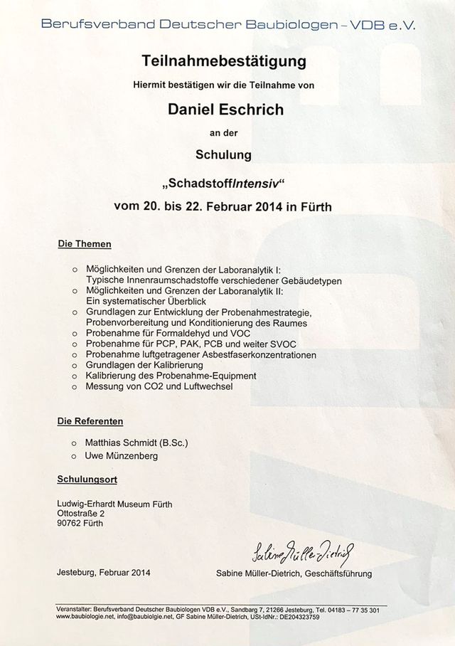 Zertifikate von S•D•E Daniel Eschrich in Gräfenroda - Sachverständiger für Gebäudeschadstoffe