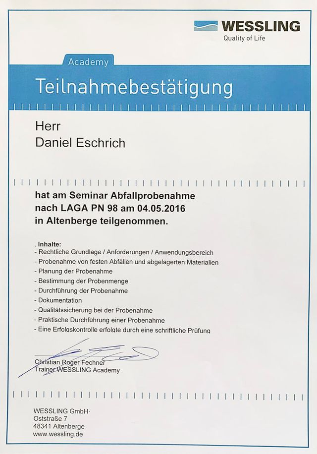 Zertifikate von S•D•E Daniel Eschrich in Gräfenroda - Sachverständiger für Gebäudeschadstoffe