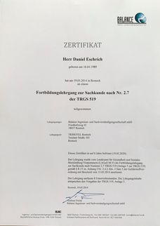 Zertifikate von S•D•E Daniel Eschrich in Gräfenroda - Sachverständiger für Gebäudeschadstoffe