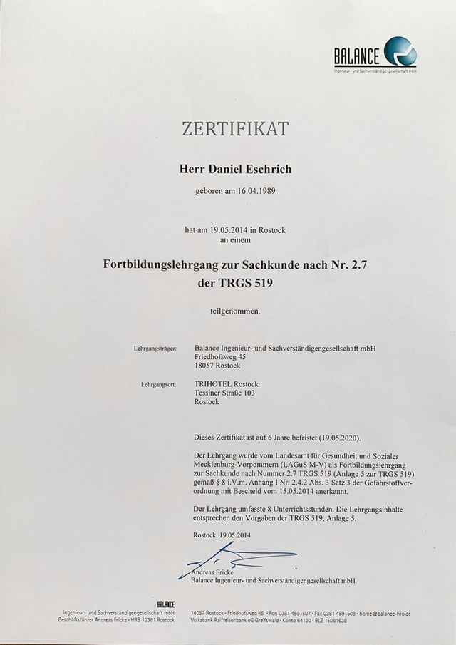 Zertifikate von S•D•E Daniel Eschrich in Gräfenroda - Sachverständiger für Gebäudeschadstoffe